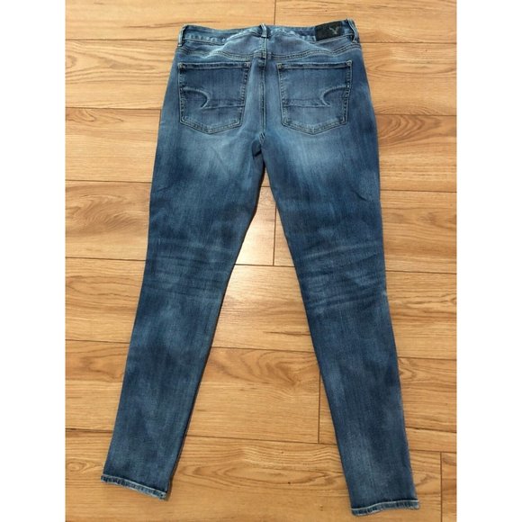 American Eagle Hi Rise Jegging Sz 6 (30) Super Stretch Blue Distressed Ripped - Picture 3 of 3